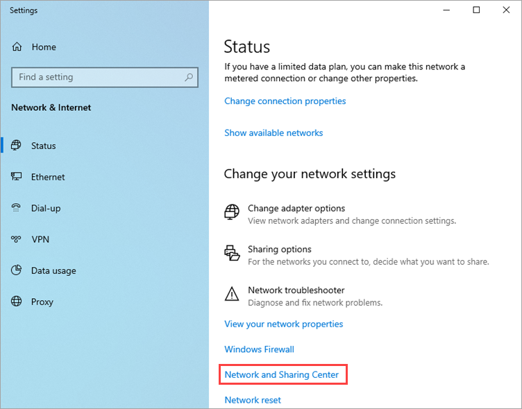 Network and Sharing Center window in Windows 10.