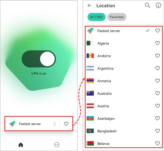 Selecting the country for connection in Kaspersky VPN Secure Connection for Android.