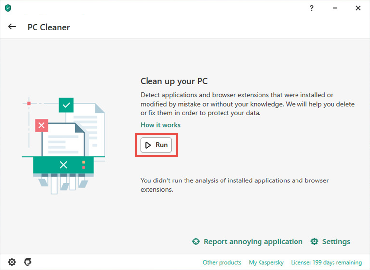 The PC Cleaner tool in a Kaspersky application