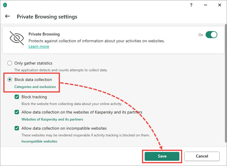 The Private Browsing settings window in a Kaspersky application