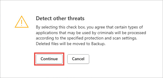 The “Detect other threats” window in a Kaspersky application