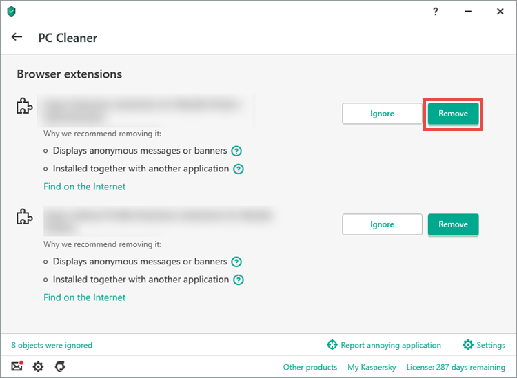 The PC Cleaner tool in the Kaspersky application