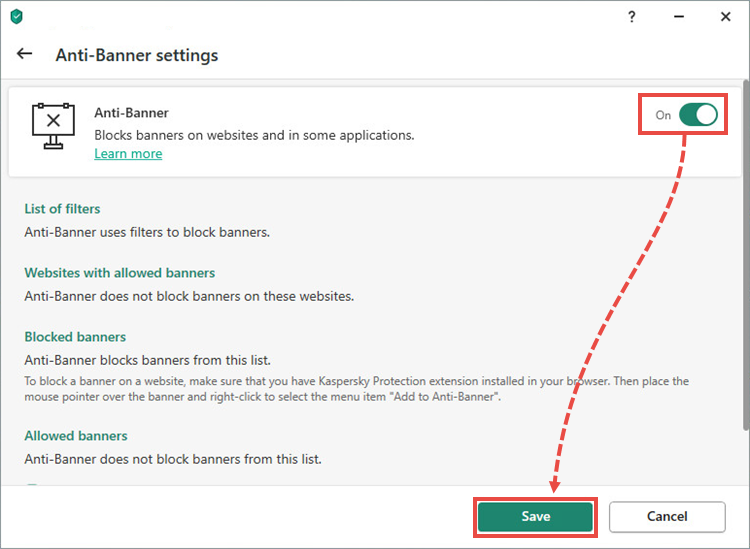 The “Anti-Banner settings” window in a Kaspersky application