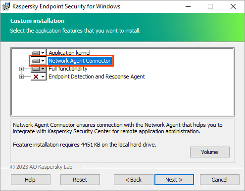 Selecting the Connector when installing Kaspersky Endpoint Security for Windows.