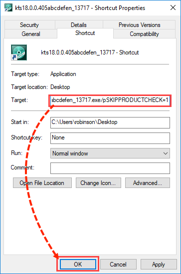 Adding a startup parameter for Kaspersky Total Security 2018