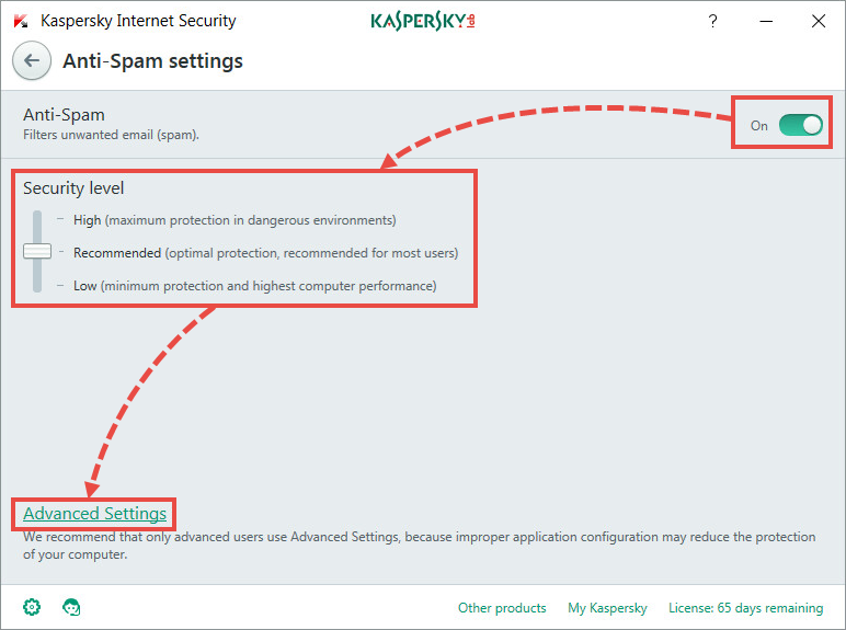 Adjusting Anti-Spam settings in Kaspersky Internet Security 2018