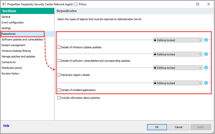 The Repositories section of the Network Agent policy in Kaspersky Security Center.