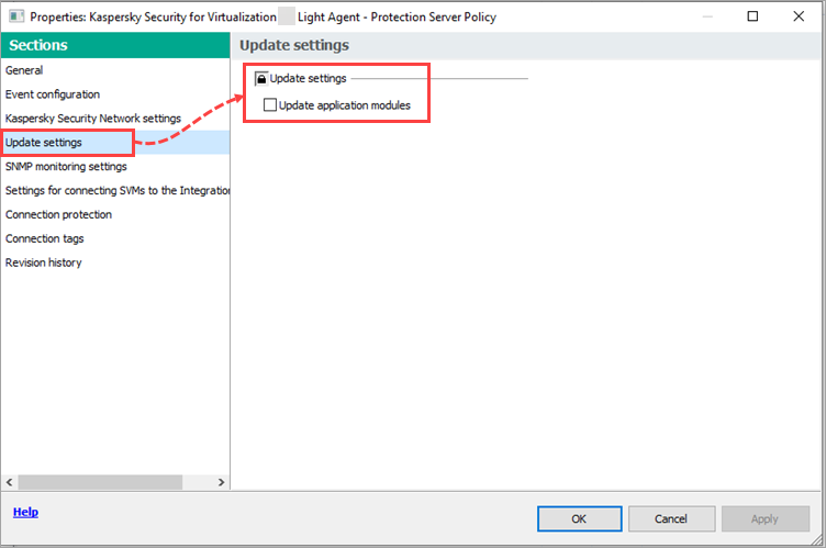 The Update settings for the Protection Server policy of Kaspersky Security for Virtualization Light Agent.