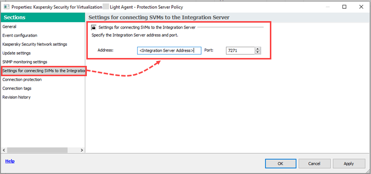 Settings for connecting SVMs to the Integration Server of the Protection server policy for Kaspersky Security for Virtualization Light Agent.