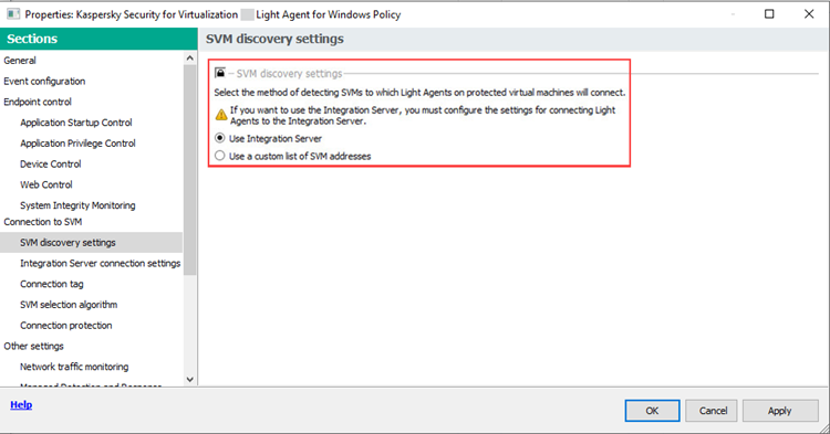 The SVM discovery settings of the Light Agent policy of Kaspersky Security for Virtualization.