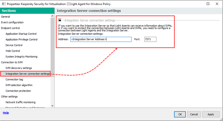 Integration Server connection settings of the Light Agent policy of Kaspersky Security for Virtualization.