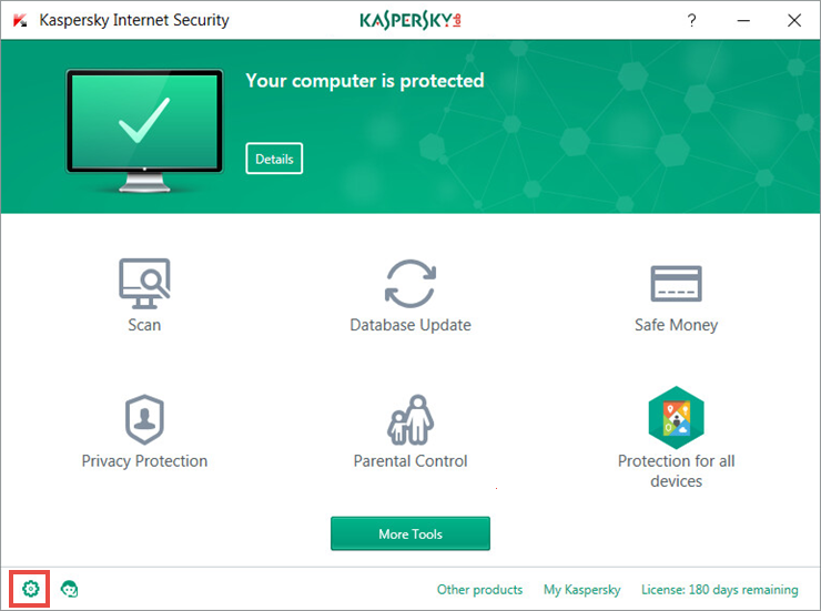 The Settings window of Kaspersky Internet Security 2018