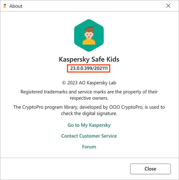 The version number in Kaspersky Safe Kids for Windows.