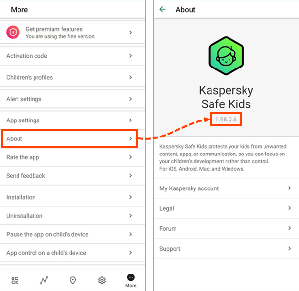 The version number in Kaspersky Safe Kids for Android on a parent’s device.