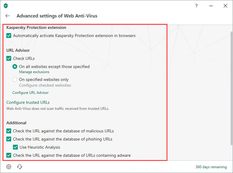 Configuring advanced settings for the Web Anti-Virus component in Kaspersky Internet Security 19
