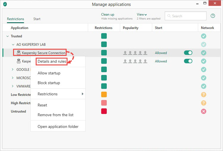 Opening the rules settings for applications using Kaspersky Internet Security 19