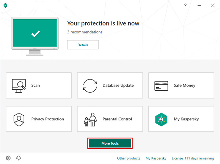 Opening the Tools window of Kaspersky Internet Security 19