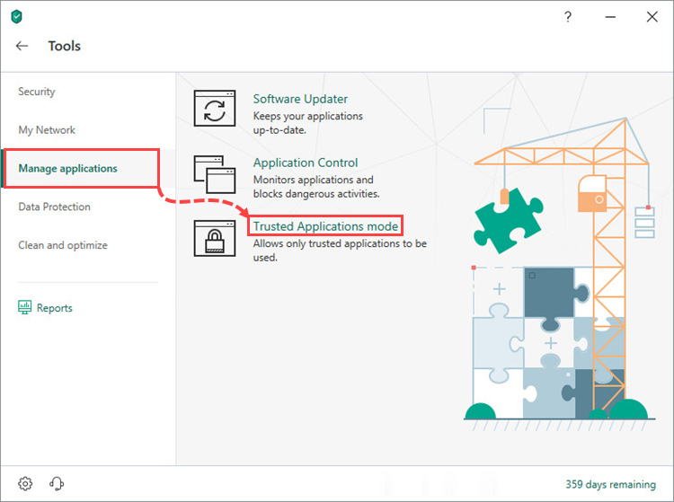 Opening the Trusted Applications mode settings window of Kaspersky Internet Security 19