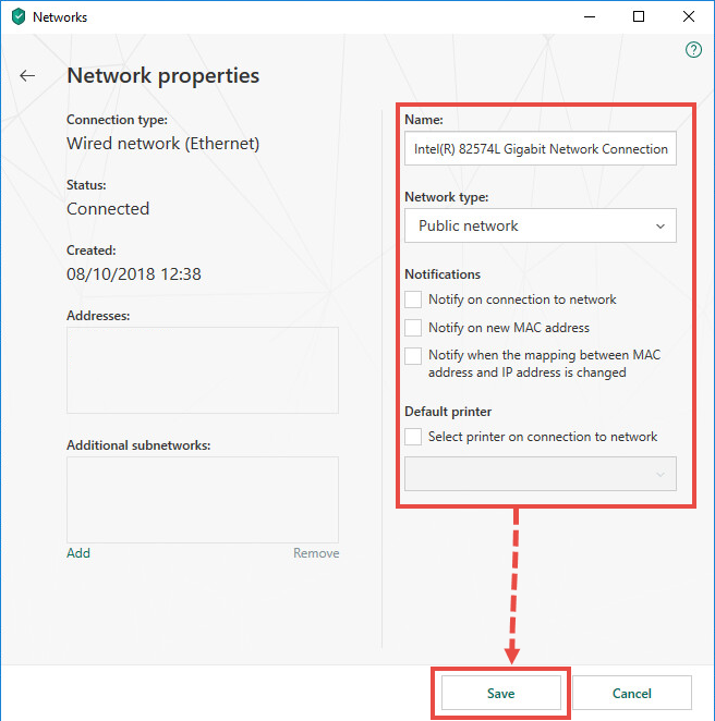 Adding parameters for a new network in Kaspersky Internet Security 19