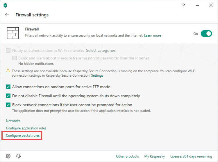 Opening packet rules settings window of Kaspersky Internet Security 19