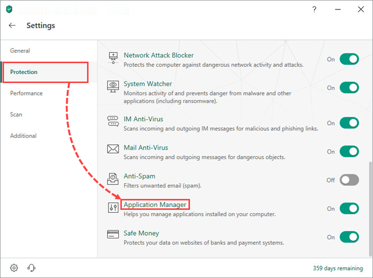Opening the Application manager settings in Kaspersky Internet Security 19