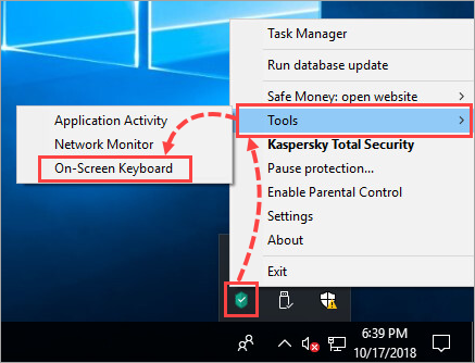 Opening On-Screen Keyboard from the Kaspersky Internet Security shortcut menu