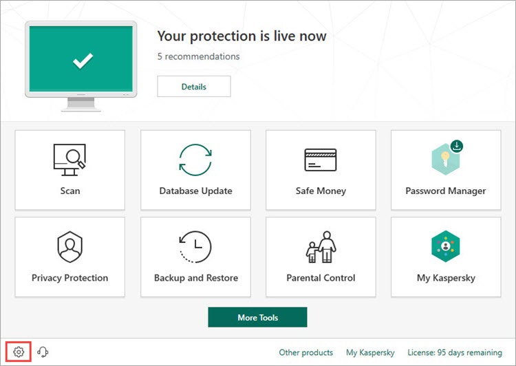 Opening the Settings window in Kaspersky Total Security 19