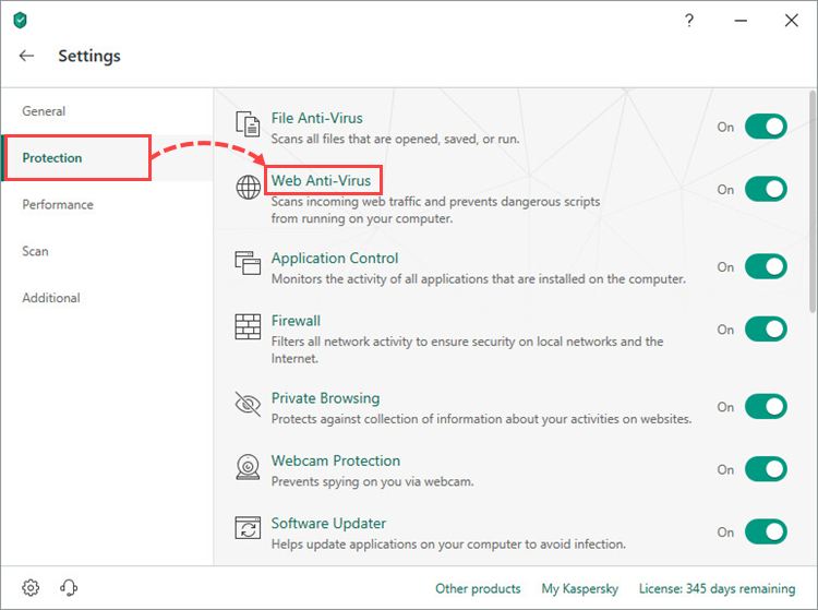 Opening the Web Anti-Virus settings in Kaspersky Total Security 19