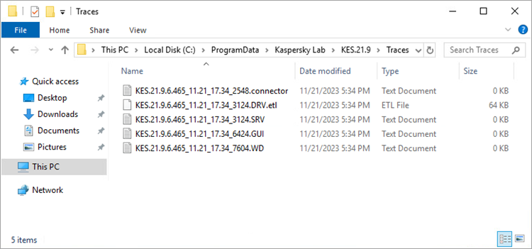 Trace files in Kaspersky Endpoint Security for Windows.