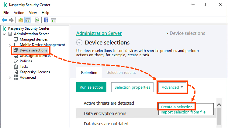 Creating a device selection in Kaspersky Security Center.