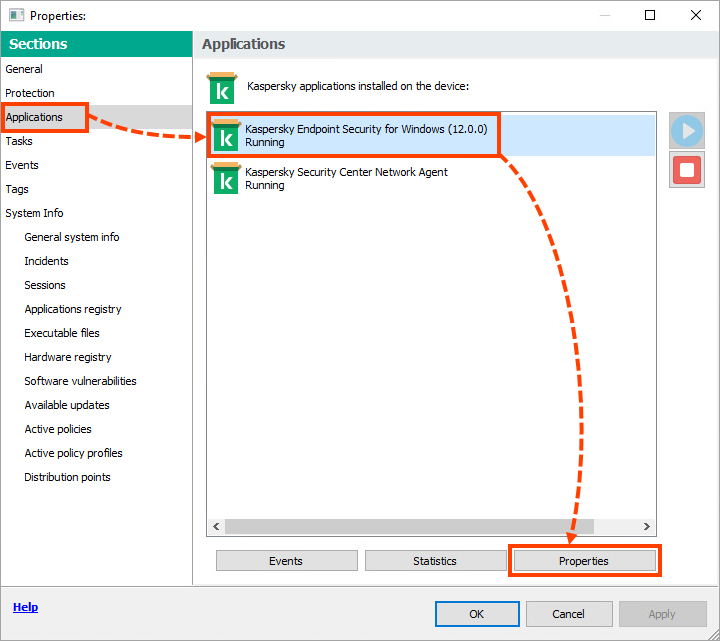 Viewing the KESW properties in Kaspersky Security Center.