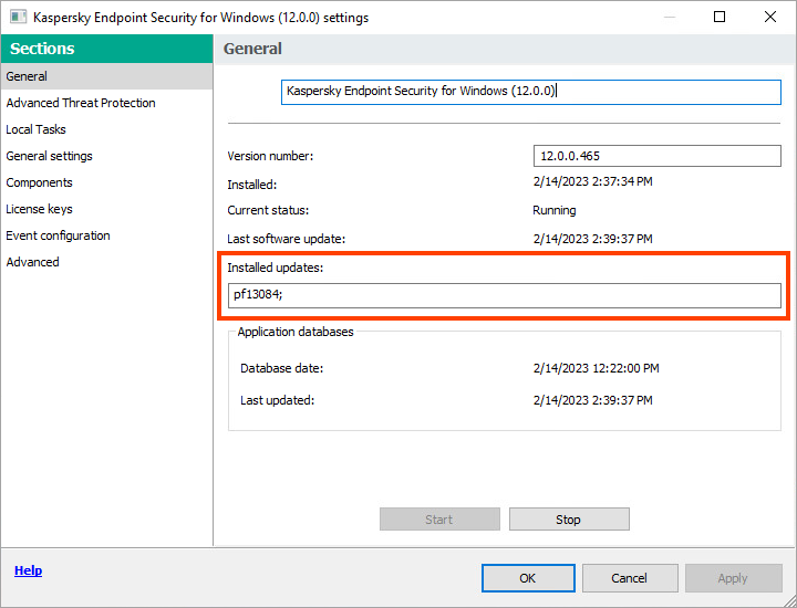 Showing the installed updates in Kaspersky Security Center.