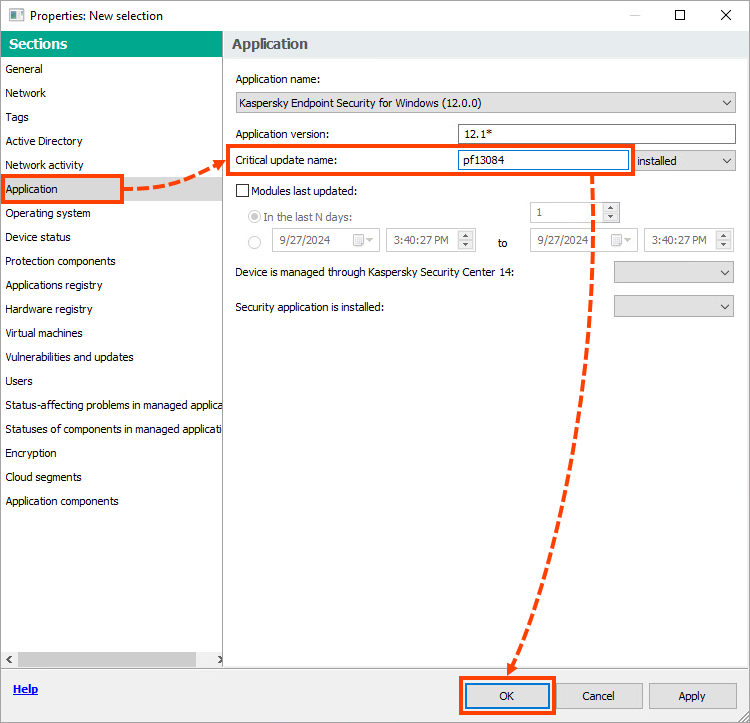 Adjusting the selection settings in Kaspersky Security Center.