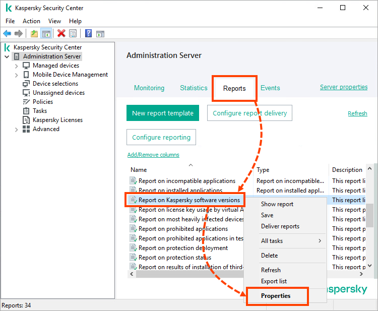 Opening the report properties in Kaspersky Security Center.