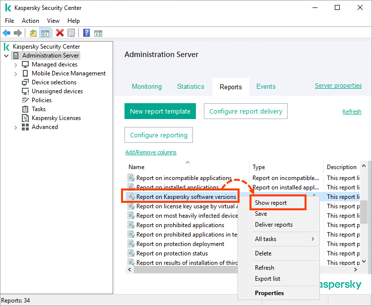 Viewing the report on installed updates in Kaspersky Security Center.