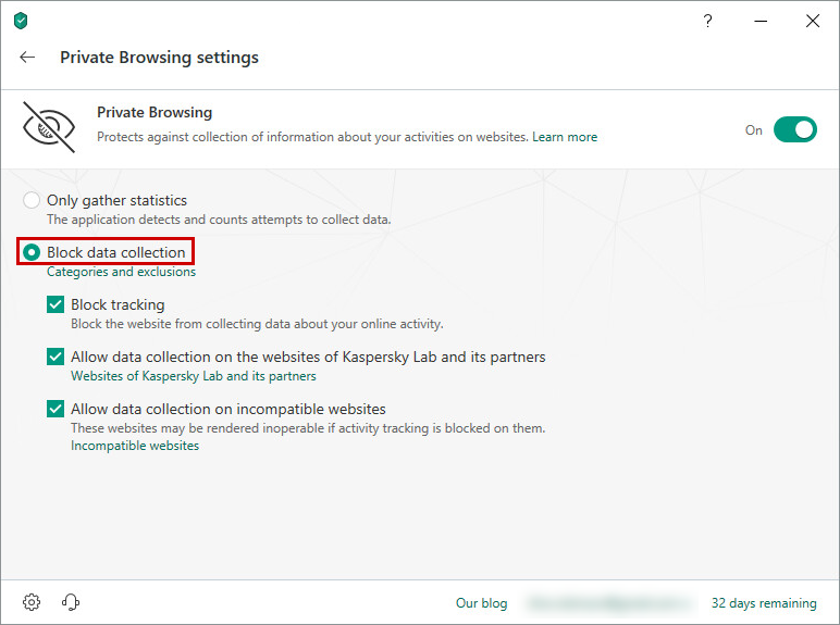 Private Browsing component in Kaspersky Internet Security 19