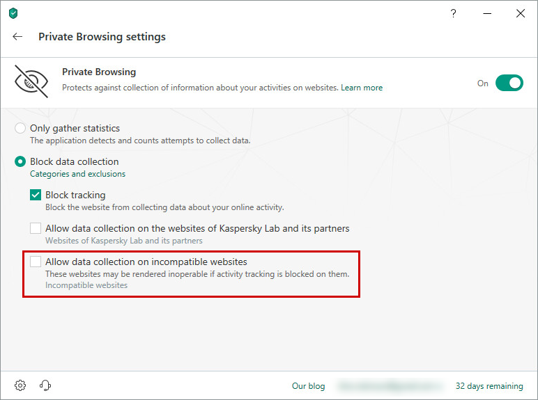 Blocking data collection on websites with Kaspersky Internet Security 19