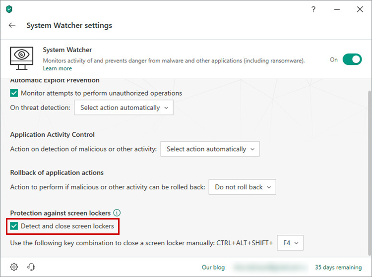Turning on protection against screen lockers in Kaspersky Internet Security 19