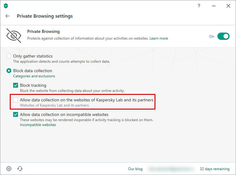 Blocking data collection on Kaspersky Lab websites with Kaspersky Total Security 19