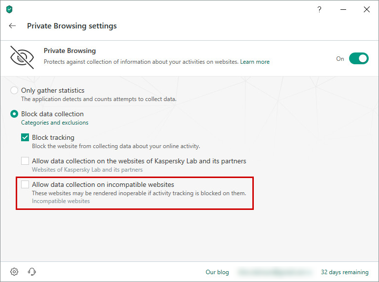 Blocking data collection on websites with Kaspersky Total Security 19