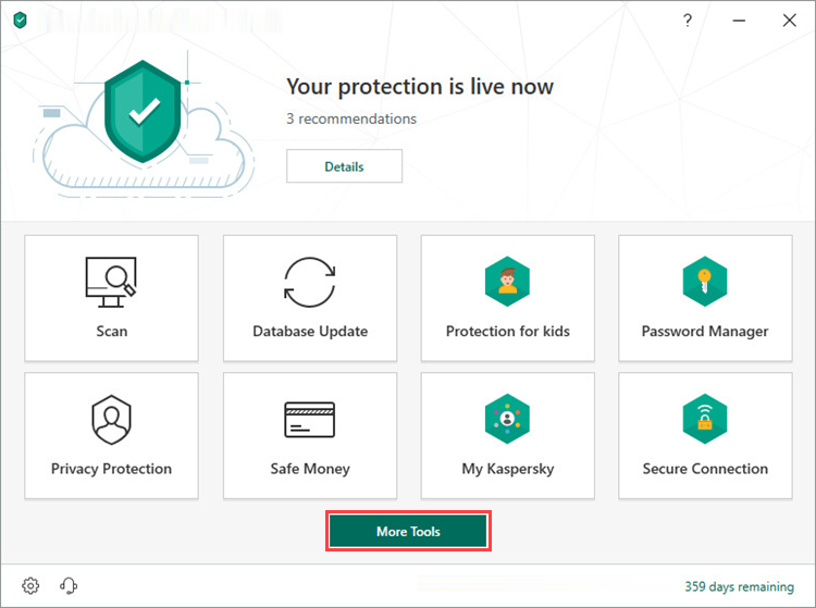 Opening the Tools window in Kaspersky Security Cloud 19