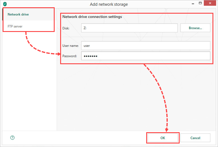 Configuring network storage settings in Kaspersky Security Cloud 19