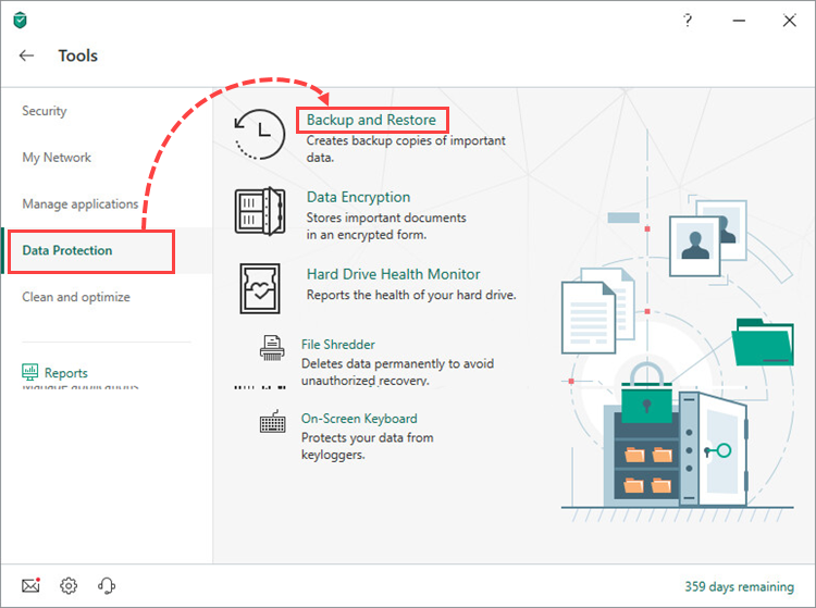 Opening the Backup and Restore window in Kaspersky Security Cloud 19