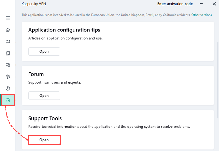 Opening the Support Tools window of Kaspersky VPN Secure Connection.