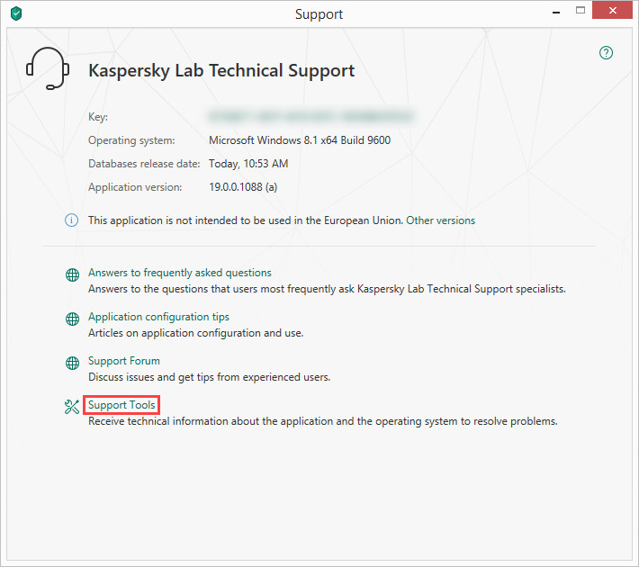 Opening the Support Tools window of Kaspersky Small Office Security 6