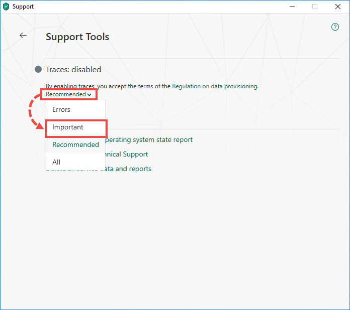 Selecting the events to trace in Kaspersky Internet Security 19