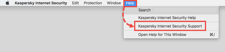 Opening the Support window of Kaspersky Internet Security 19 for Mac