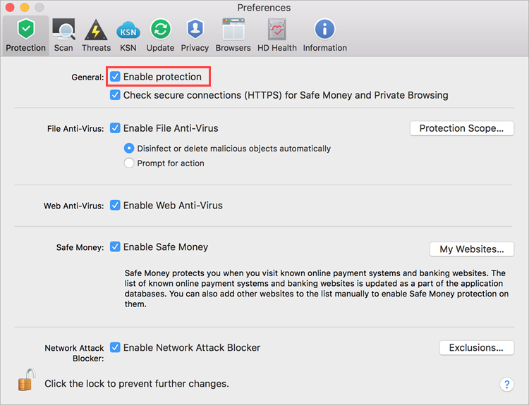 How to enable or disable protection in Kaspersky Security Cloud 19 for Mac