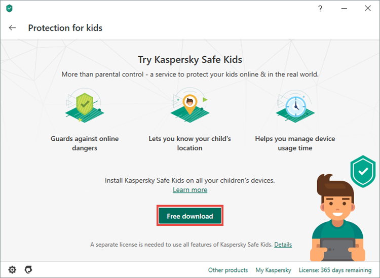 Downloading Kaspersky Safe Kids through he interface of of Kaspersky Internet Security 20