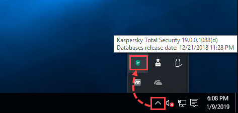 Kaspersky Total Security icon in the hidden icons section of the Windows toolbar
